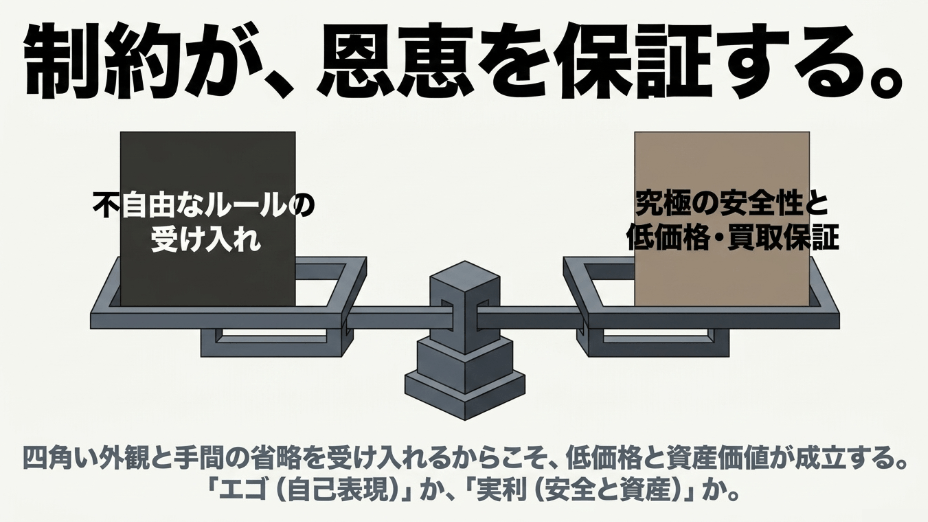 不自由なルールの受け入れと引き換えに、究極の安全性と低価格・買取保証を得るマイデッサンの天秤