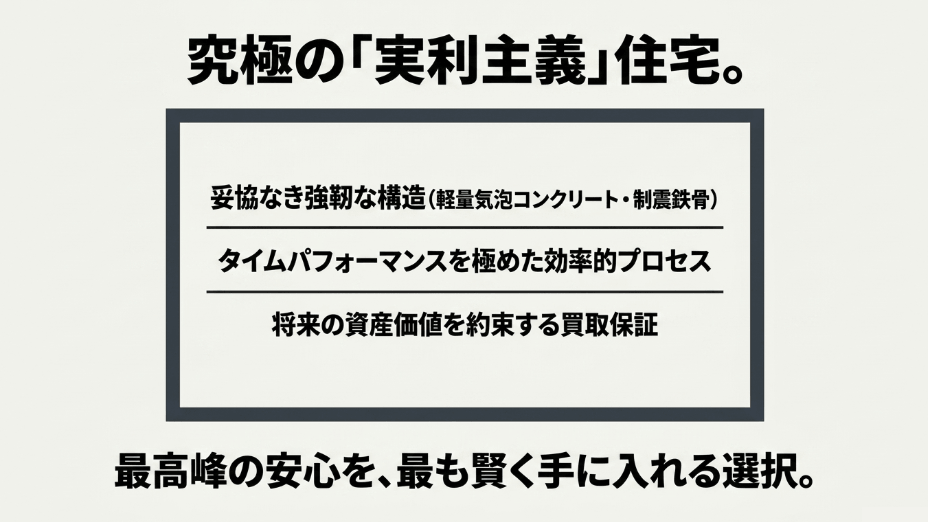 究極の実利主義住宅:妥協なき強靭な構造、効率的プロセス、将来の資産価値を約束する買取保証