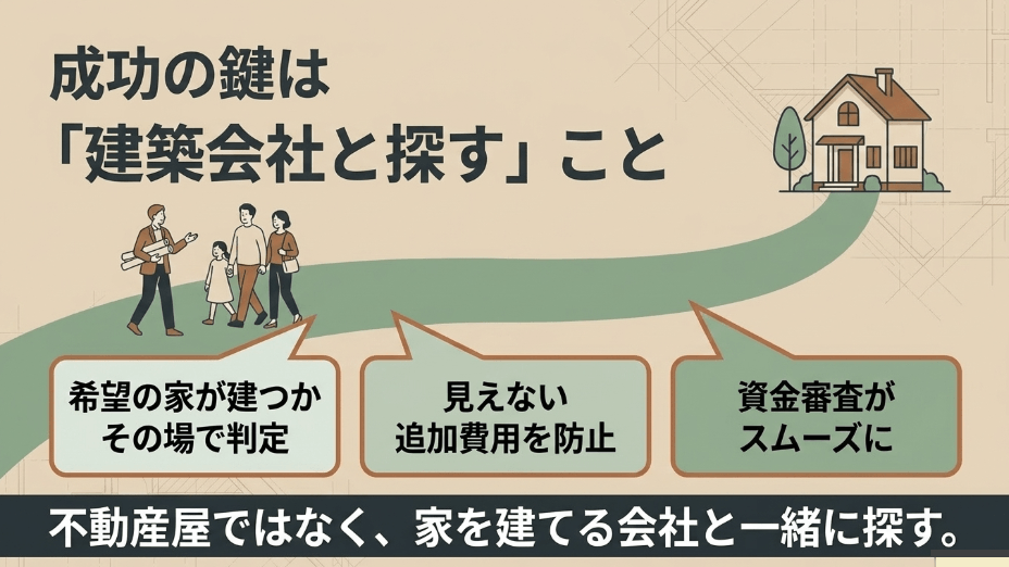 成功の鍵は建築会社と探すこと。希望の家が建つか判定でき、追加費用を防止し、資金審査がスムーズになる