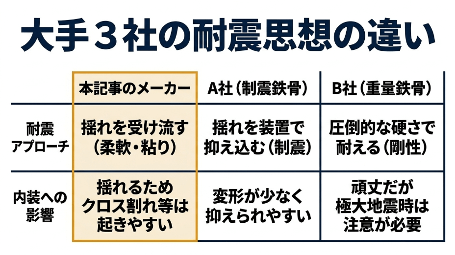 セキスイハイム、積水ハウス、ヘーベルハウスの耐震アプローチと内装への影響をまとめた比較表
