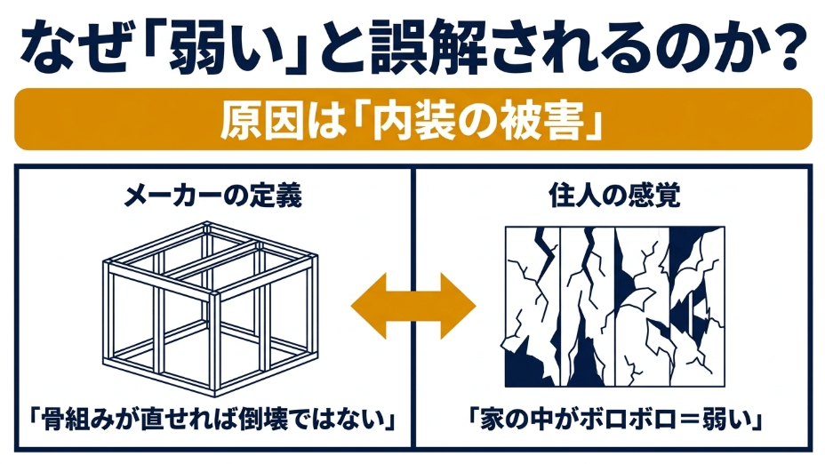 セキスイハイムが弱いと誤解される原因。メーカーの「骨組みが直せれば倒壊ではない」という定義と、住人の「家の中がボロボロ=弱い」という感覚のズレ
