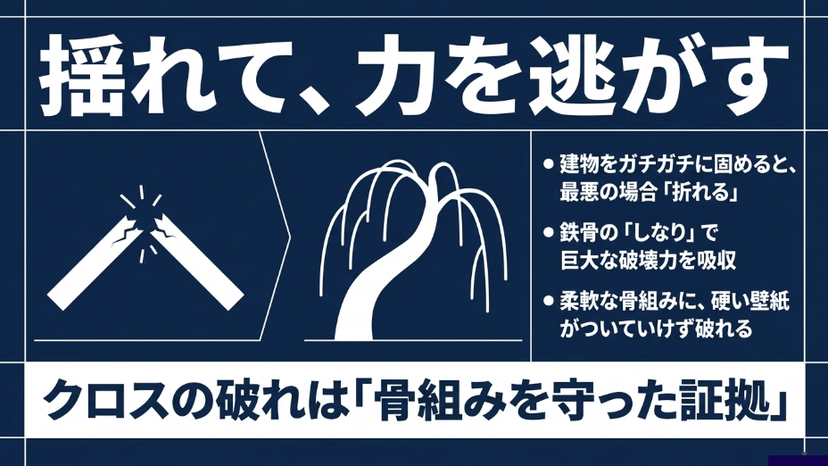鉄骨のしなりで巨大な破壊力を吸収する仕組み。柔軟な骨組みに硬い壁紙がついていけず破れるが、これは骨組みを守った証拠