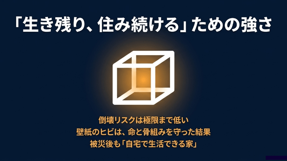 倒壊リスクが低く、壁紙のヒビは命を守った結果であり、被災後も自宅で生活できるというセキスイハイムの強さ