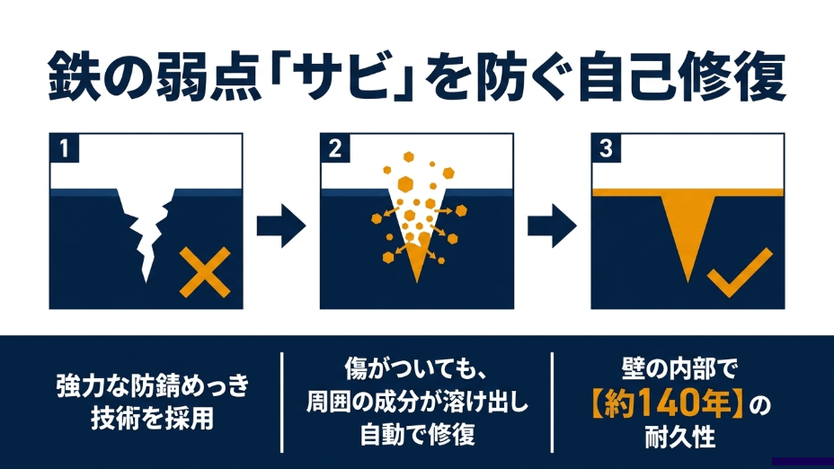 強力な防錆めっき技術により、傷がついても周囲の成分が自動で修復。壁の内部で約140年の耐久性を持つ