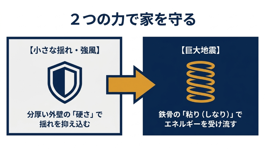 小さな揺れは分厚い外壁の硬さで抑え込み、巨大地震は鉄骨のしなりでエネルギーを受け流す、2つの力で家を守る仕組み