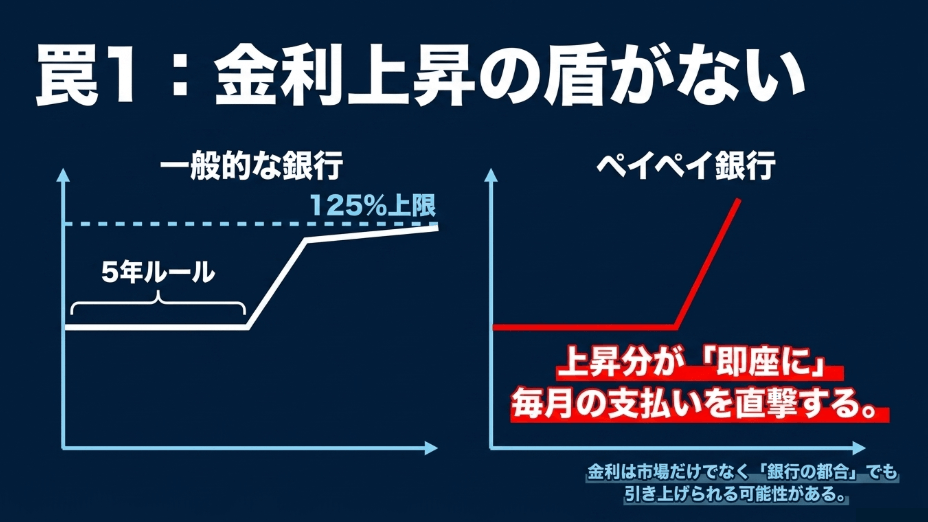 一般的な銀行にある125%上限や5年ルールといった金利上昇の盾がペイペイ銀行にはなく、上昇分が即座に毎月の支払いを直撃すること、銀行の都合でも金利が引き上げられる可能性があることを示す比較図