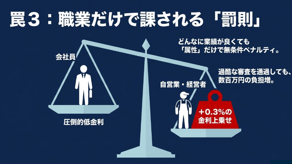会社員は圧倒的低金利であるのに対し、自営業・経営者は属性だけで過酷な審査のうえ無条件にプラス0.3%の金利上乗せペナルティが課され、数百万円の負担増になることを示す図