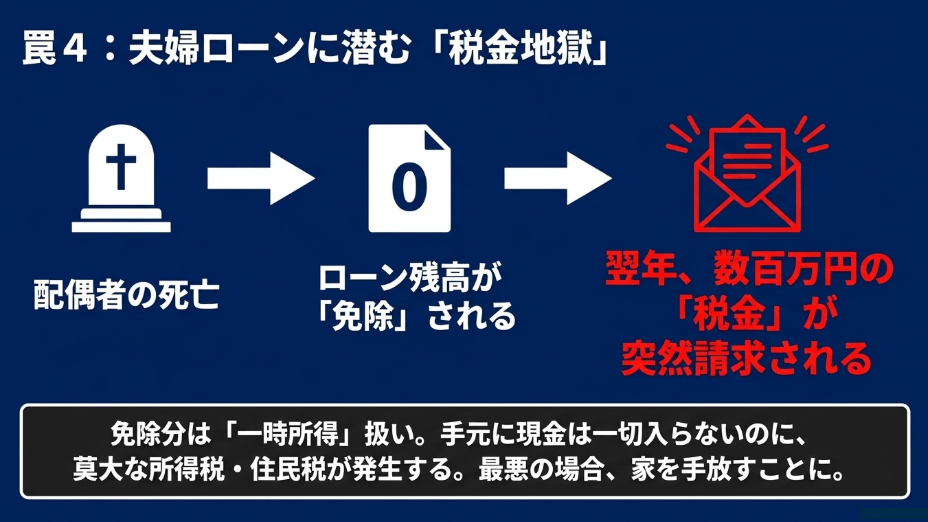 配偶者の死亡によりローン残高が免除された分が「一時所得」扱いとなり、手元に現金が入らないまま翌年に数百万円の税金が突然請求され、最悪の場合は家を手放すリスクを説明する図