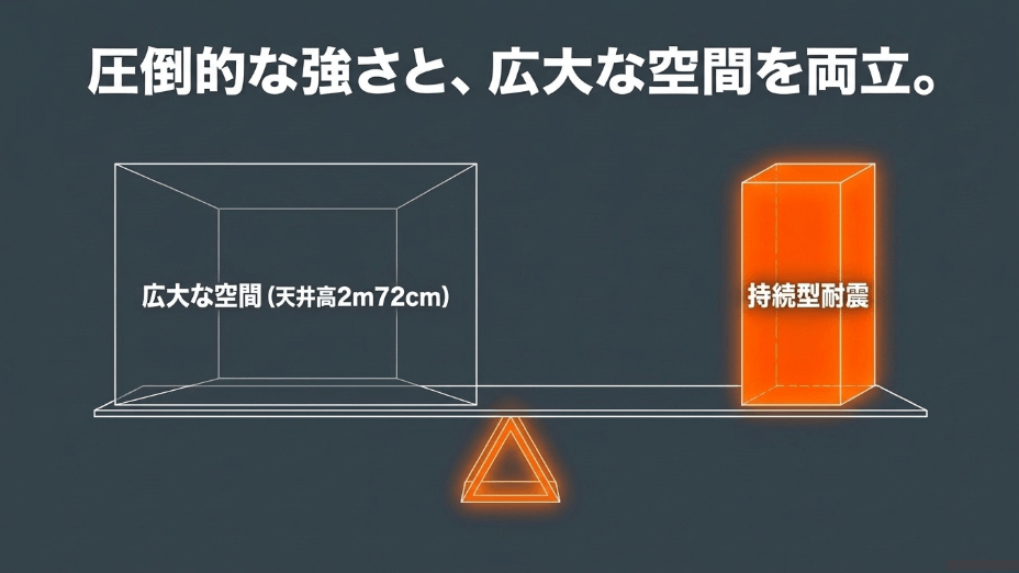 持続型耐震による圧倒的な強さと、天井高2m72cmの広大な空間を両立する大和ハウスの設計イメージ