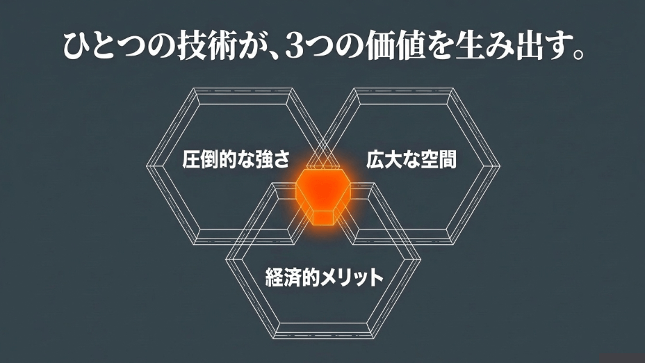 ひとつの技術が「圧倒的な強さ」「広大な空間」「経済的メリット」の3つの価値を生み出すことを示す図解