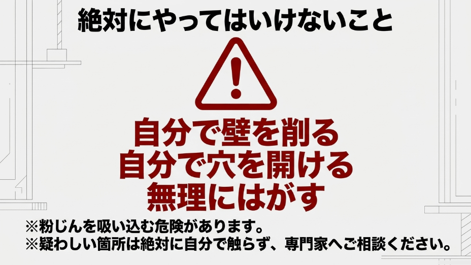 自分で壁を削る、穴を開ける、無理にはがすなど、粉じんを吸い込む危険があるため絶対にやってはいけないDIY作業の注意喚起