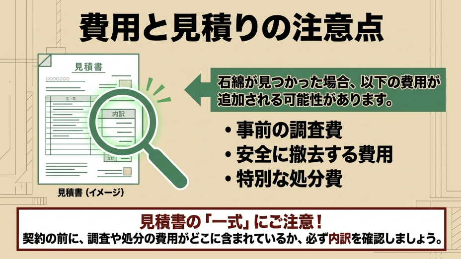 アスベストが見つかった場合の追加費用と、見積書の「一式」という表記に注意し内訳を確認すべきであるという解説